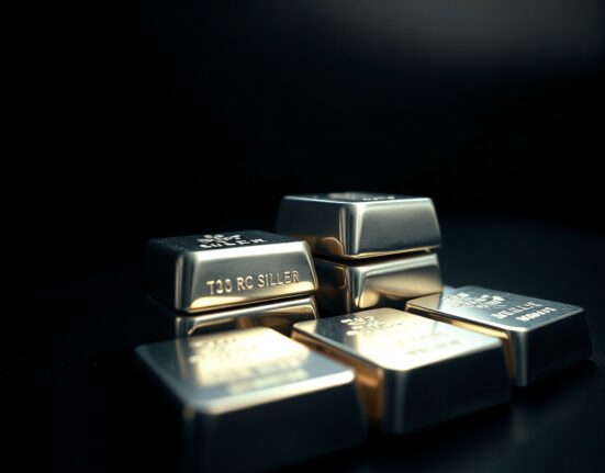 Silver bullion bars stacked on a dark surface in a trading room setting