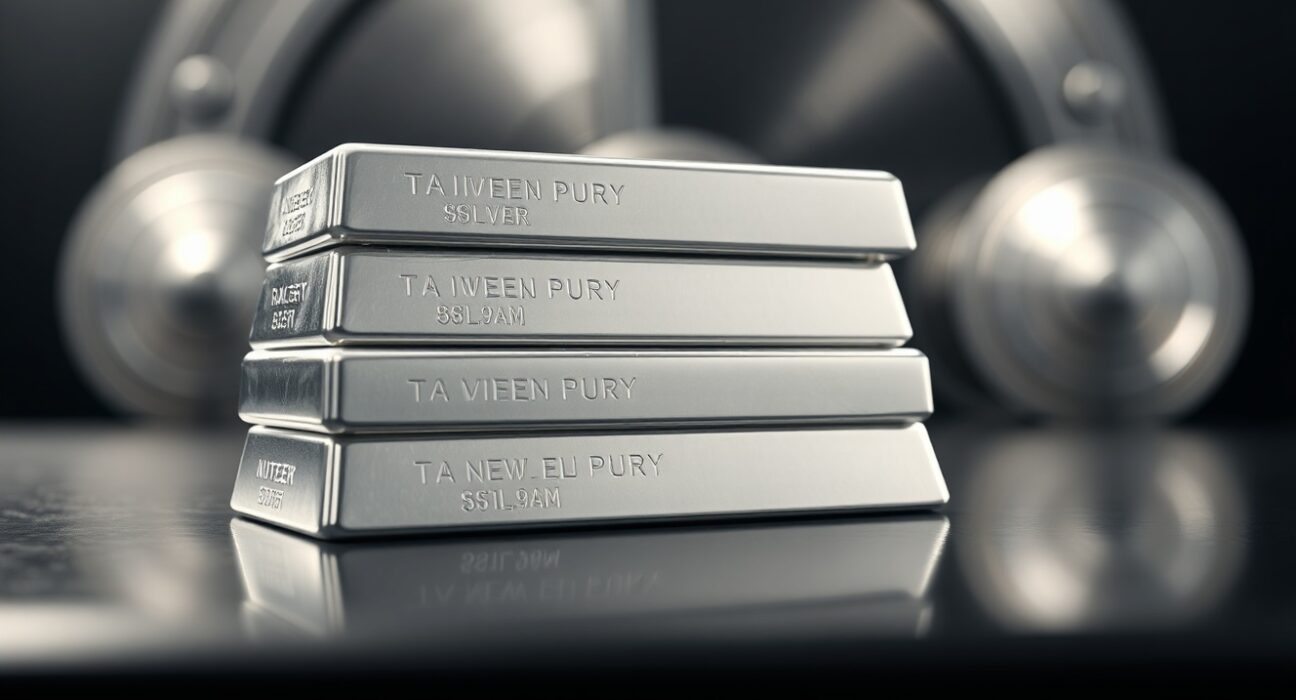 Stack of polished silver bars on a reflective surface in a vault-like setting.