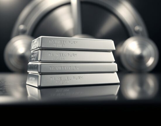 Stack of polished silver bars on a reflective surface in a vault-like setting.