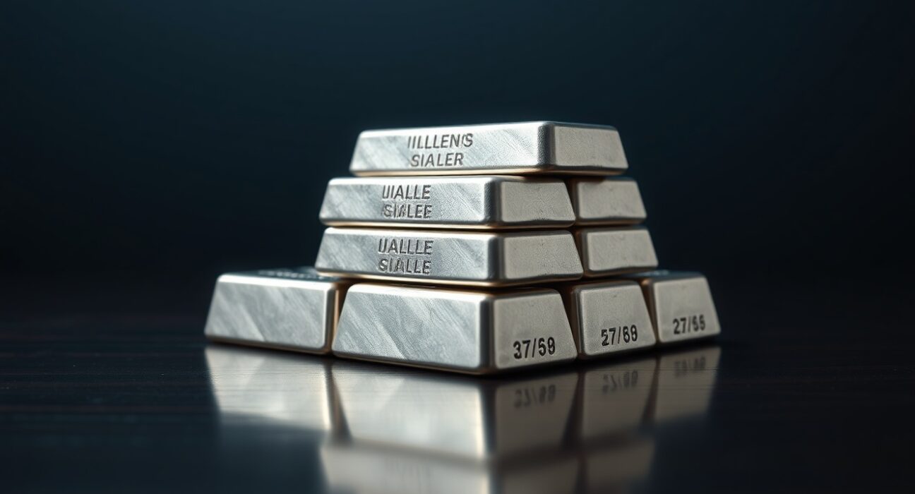 Stacked silver bullion bars on a dark wooden surface with soft reflections, representing precious metal investment and commodity markets.