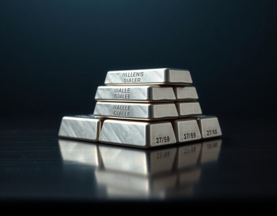 Stacked silver bullion bars on a dark wooden surface with soft reflections, representing precious metal investment and commodity markets.