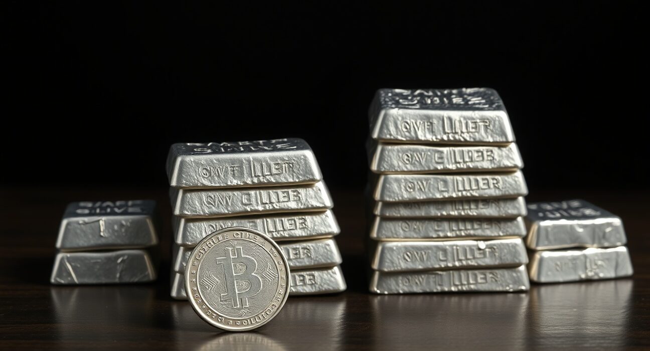 Stack of silver bullion bars with a single silver coin in foreground
