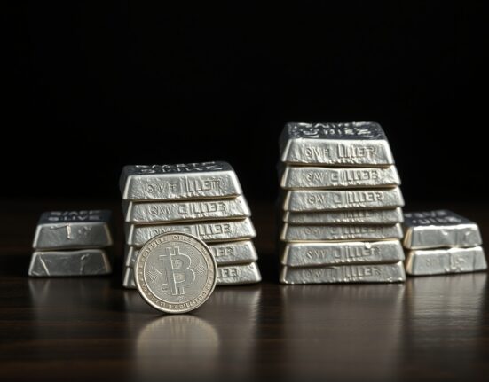 Stack of silver bullion bars with a single silver coin in foreground