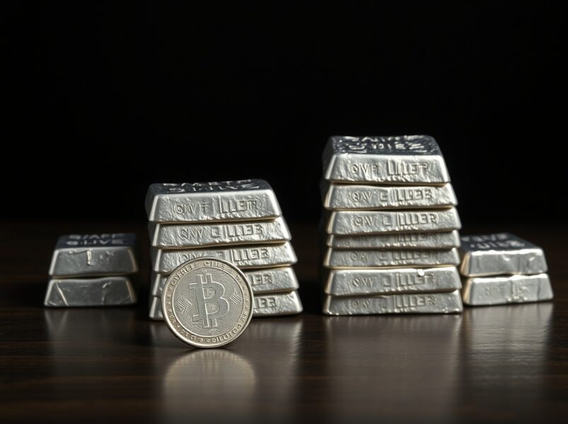 Stack of silver bullion bars with a single silver coin in foreground