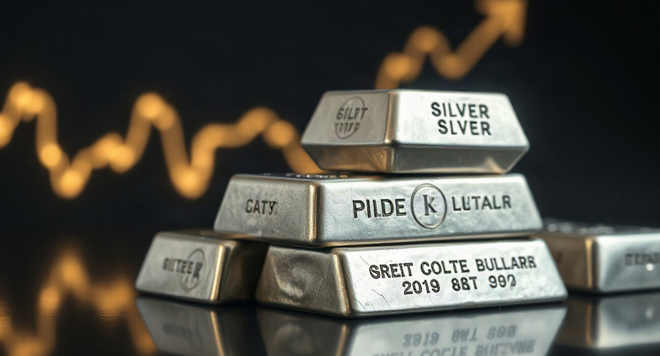 Silver bullion bars on a reflective surface with a subtle price chart in the background