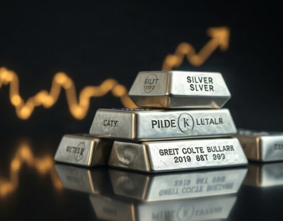 Silver bullion bars on a reflective surface with a subtle price chart in the background