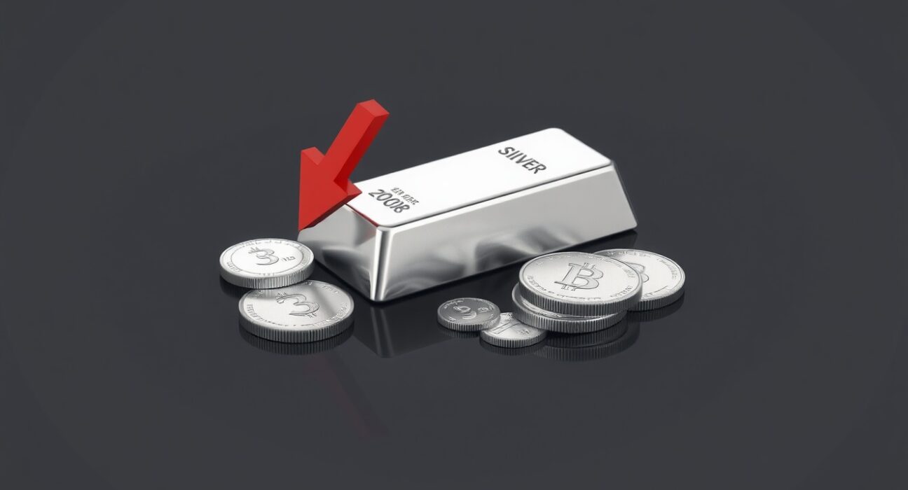 Silver price today falls: silver bars and coins with a downward red arrow indicating a price decline, representing market analysis.