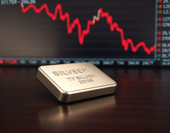 Silver bullion bar on dark surface with falling price chart in background, representing silver price today decline