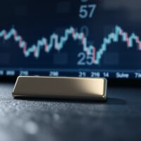 Silver bullion bar with financial charts representing today's falling silver price data.