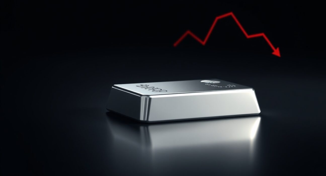 Silver bar on reflective surface with downward chart trend indicating silver price decline per Bitcoin World data