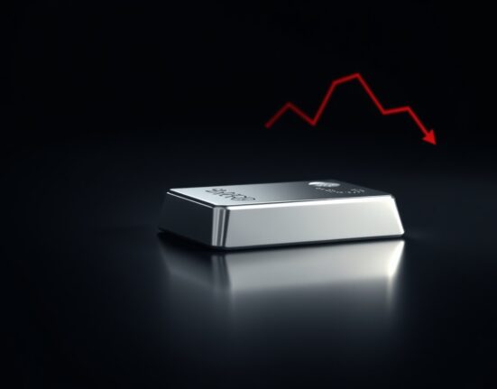 Silver bar on reflective surface with downward chart trend indicating silver price decline per Bitcoin World data