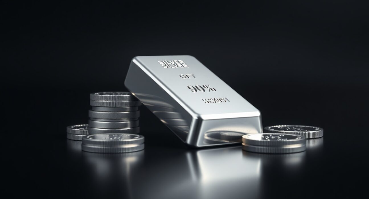 Silver bars and coins on a dark surface with soft lighting, representing precious metals investment and market data.