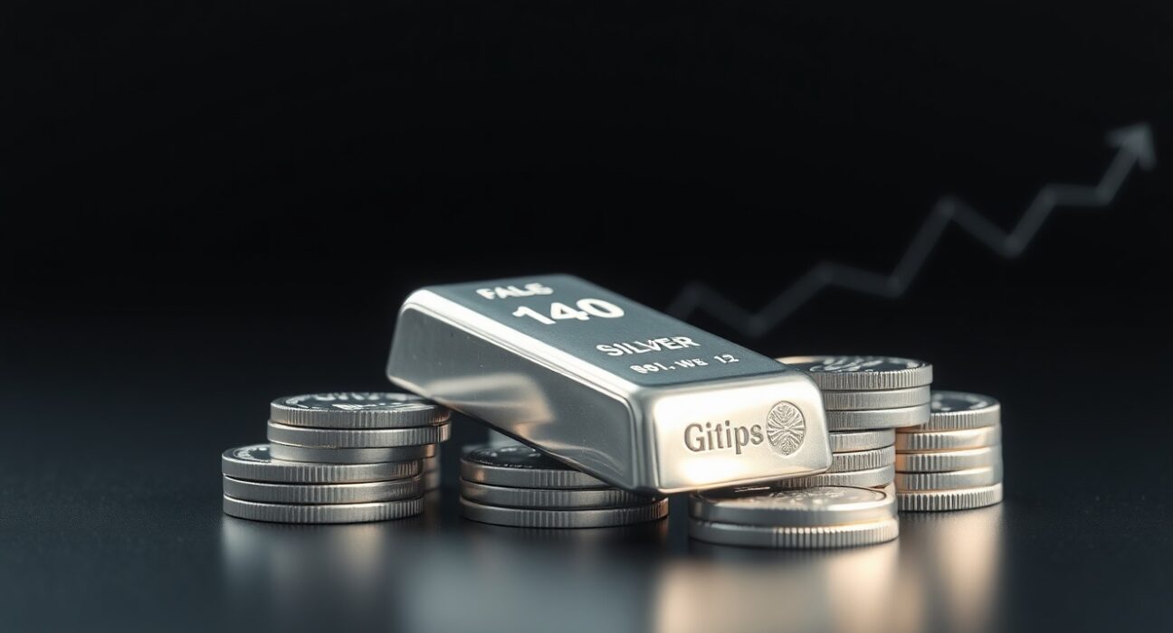 Silver price today rises: A close-up of silver bars and coins reflecting light, representing the surge in precious metals investment.