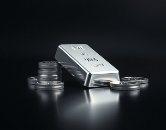 Silver bars and coins on a dark surface with soft lighting, representing precious metals investment and market data.