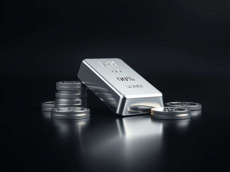 Silver bars and coins on a dark surface with soft lighting, representing precious metals investment and market data.