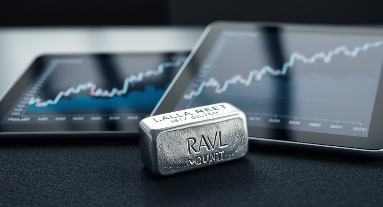 Silver bullion bar and financial chart showing rising silver price today.