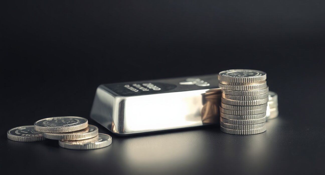 Close-up of a silver bar and coins on a dark surface representing the silver price rise today.