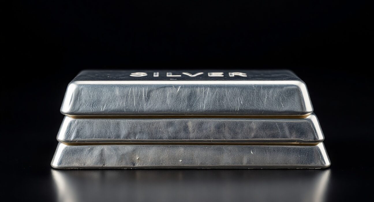 Stack of polished silver bars on a dark reflective surface, representing the silver market and precious metals trading.
