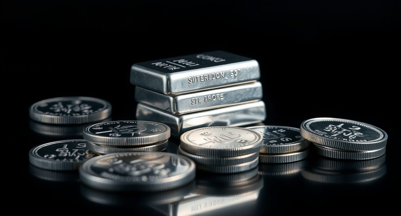 Stack of silver bars and coins with dramatic lighting representing safe-haven demand amid geopolitical tensions.