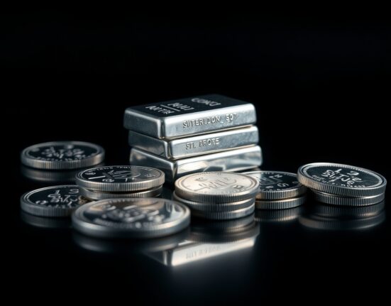 Stack of silver bars and coins with dramatic lighting representing safe-haven demand amid geopolitical tensions.