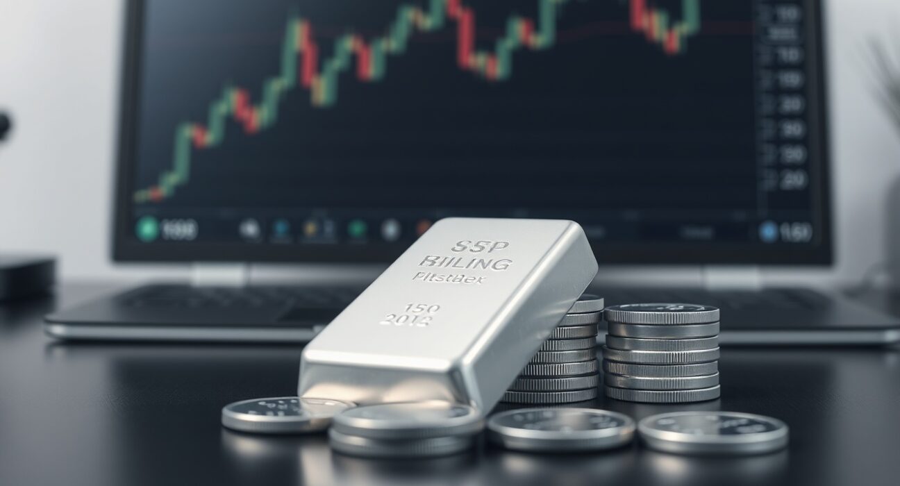 Silver bars and coins on a reflective surface with a financial chart in the background, representing precious metals market analysis.