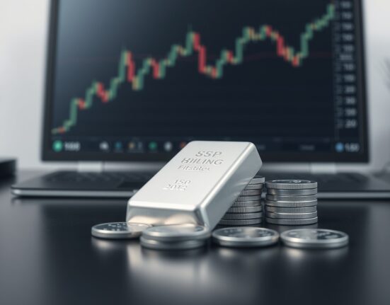 Silver bars and coins on a reflective surface with a financial chart in the background, representing precious metals market analysis.