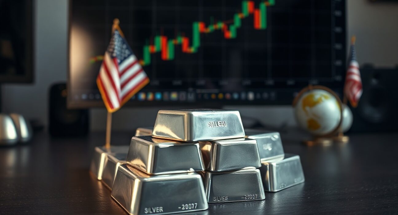 Silver bullion bars with financial charts in background, representing precious metals market movement.
