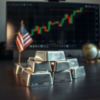 Silver bullion bars with financial charts in background, representing precious metals market movement.