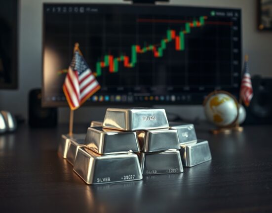Silver bullion bars with financial charts in background, representing precious metals market movement.