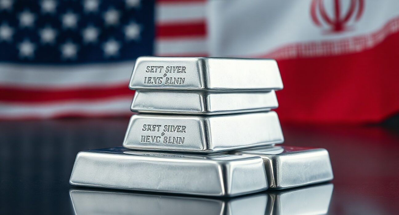 Silver bullion bars on reflective surface with blurred US and Iranian flags in background