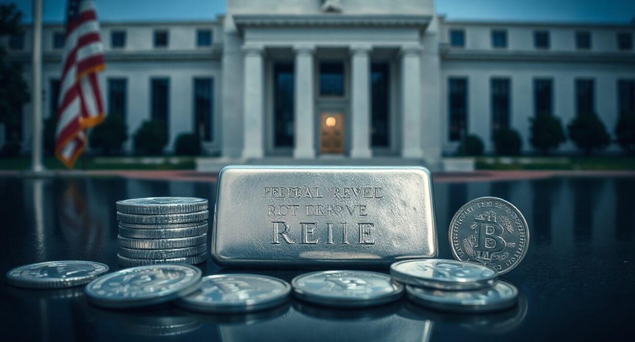 Silver bar and coins on reflective surface with Federal Reserve building in background