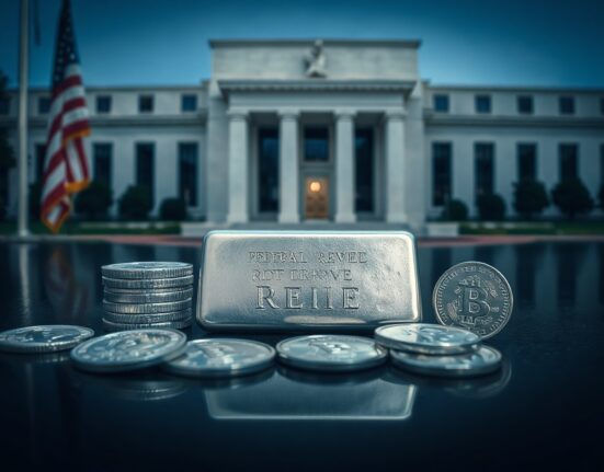 Silver bar and coins on reflective surface with Federal Reserve building in background