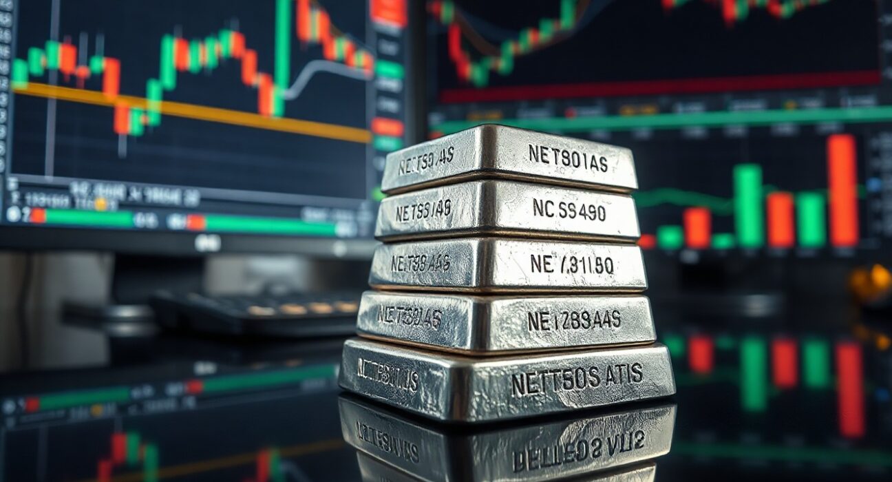 Silver bullion bars stacked on a dark surface with a blurred market chart in the background
