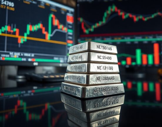 Silver bullion bars stacked on a dark surface with a blurred market chart in the background