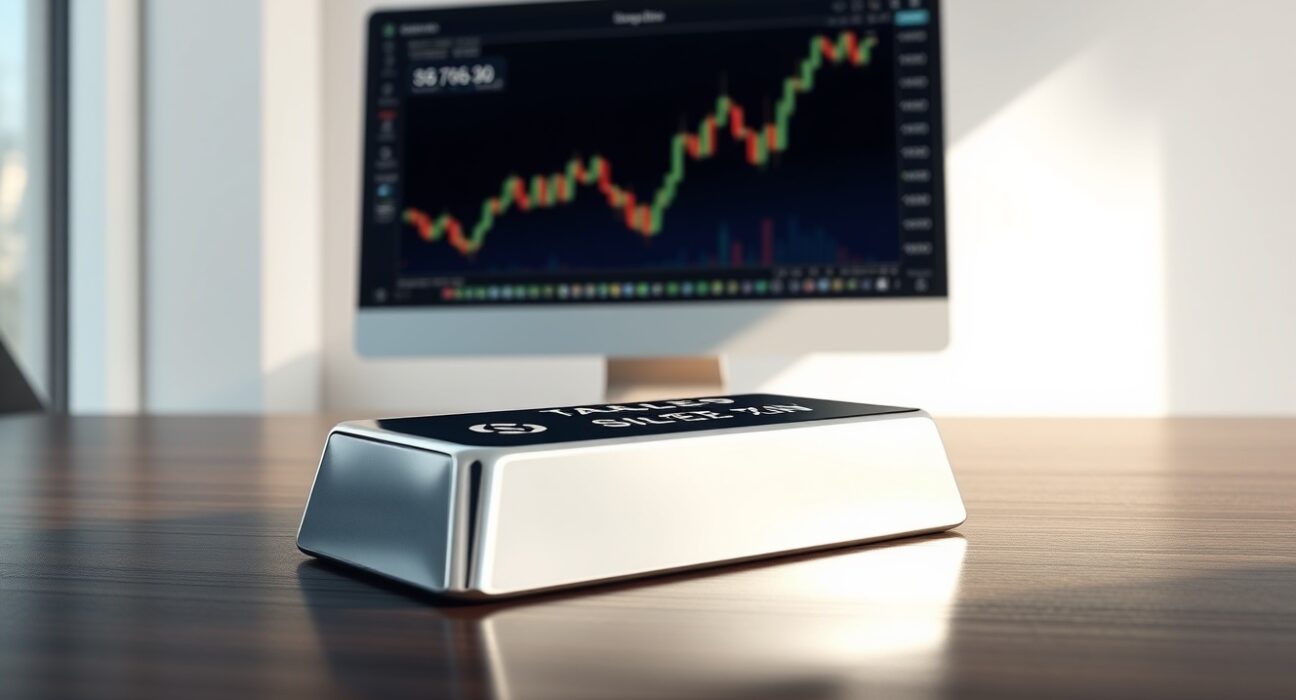 Silver bullion bar representing falling silver prices amid geopolitical talks and Federal Reserve policy.