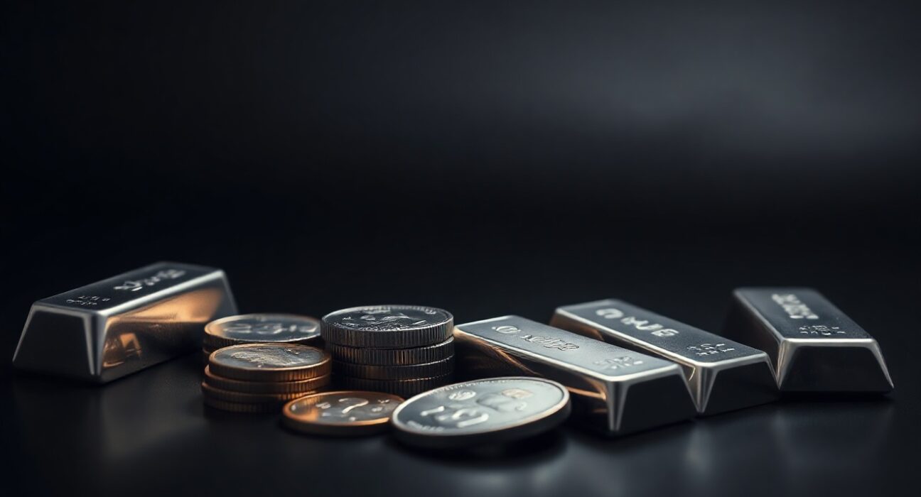 Silver bullion coins and bars on a dark reflective surface, symbolizing the precious metal's price rally.