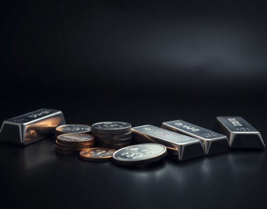 Silver bullion coins and bars on a dark reflective surface, symbolizing the precious metal's price rally.