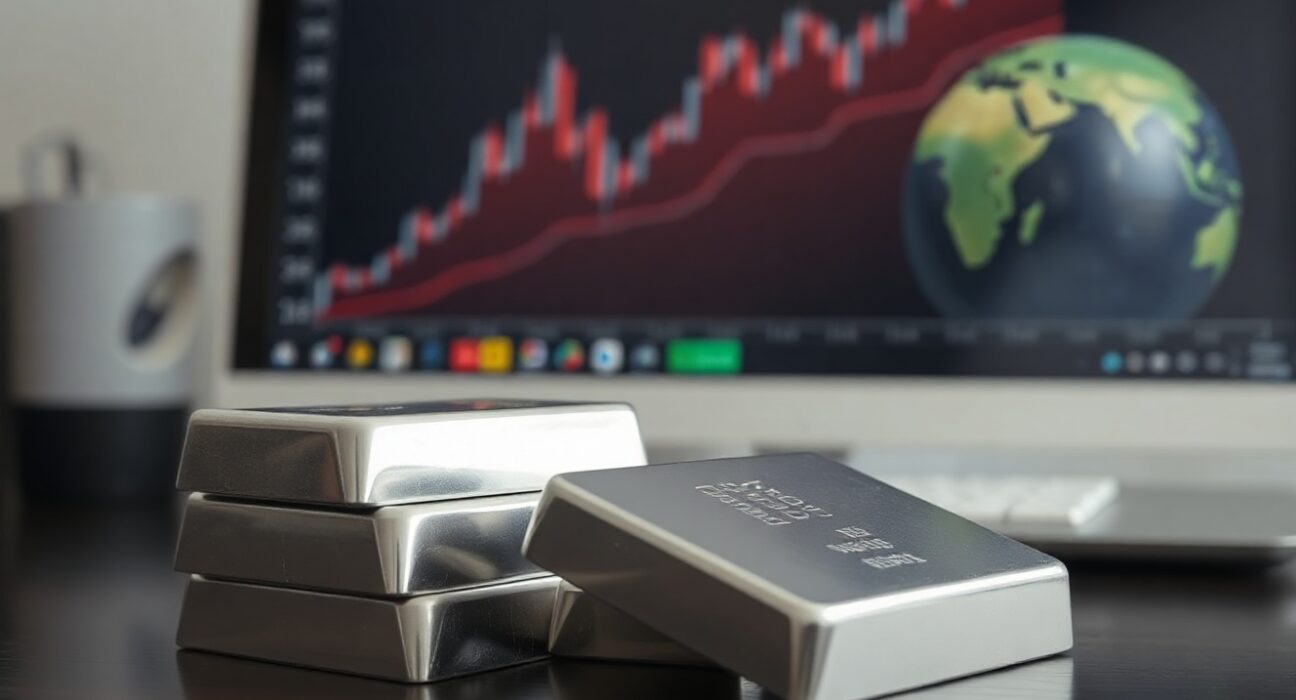 Stack of silver bars with financial chart and globe in background