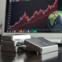 Stack of silver bars with financial chart and globe in background