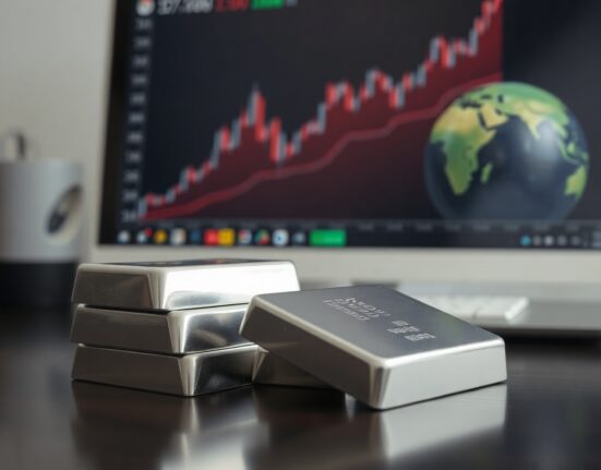 Stack of silver bars with financial chart and globe in background