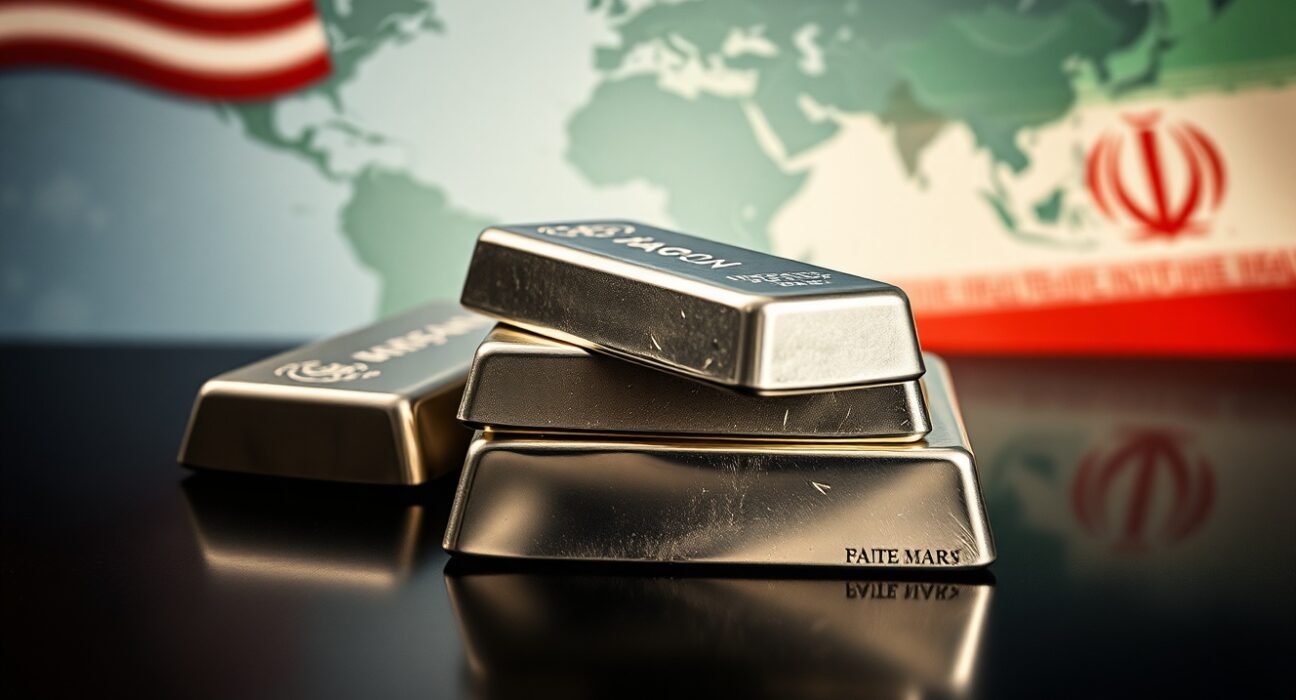 Silver bullion bars on reflective surface with blurred US and Iran flags in background