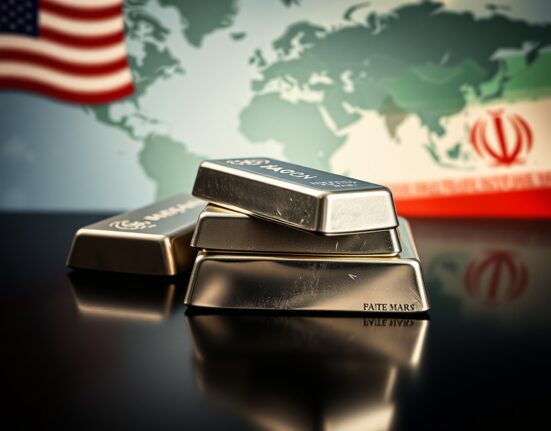 Silver bullion bars on reflective surface with blurred US and Iran flags in background