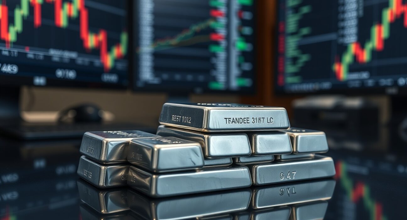 Stacked silver bullion bars with financial charts in background