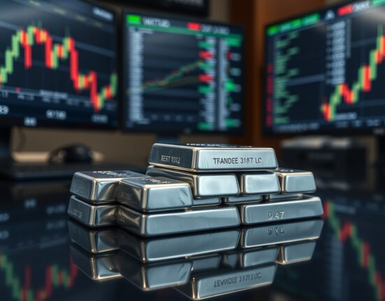 Stacked silver bullion bars with financial charts in background