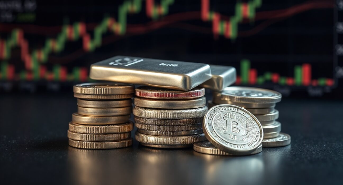 Silver bullion coins and bars on a reflective surface, representing the metal's price rebound.