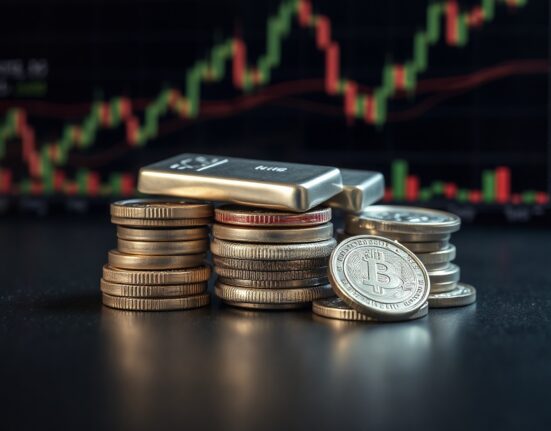 Silver bullion coins and bars on a reflective surface, representing the metal's price rebound.