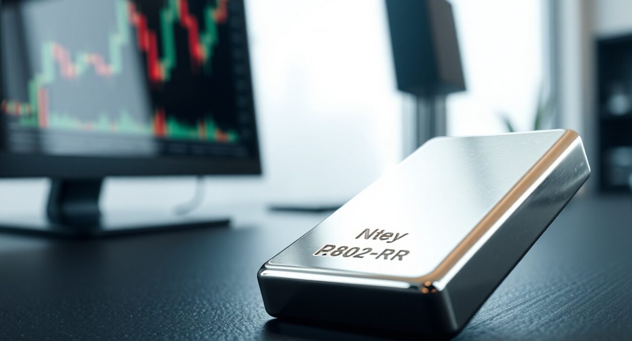 Silver bar on a desk with a financial chart in the background representing market analysis.
