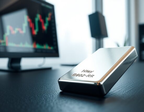 Silver bar on a desk with a financial chart in the background representing market analysis.