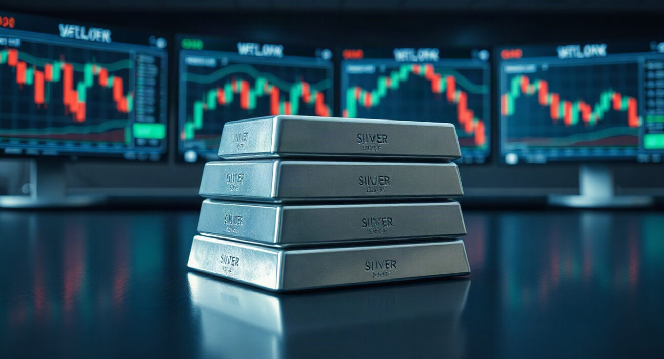 Silver bullion bars in front of market charts on monitors