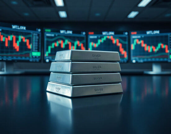 Silver bullion bars in front of market charts on monitors